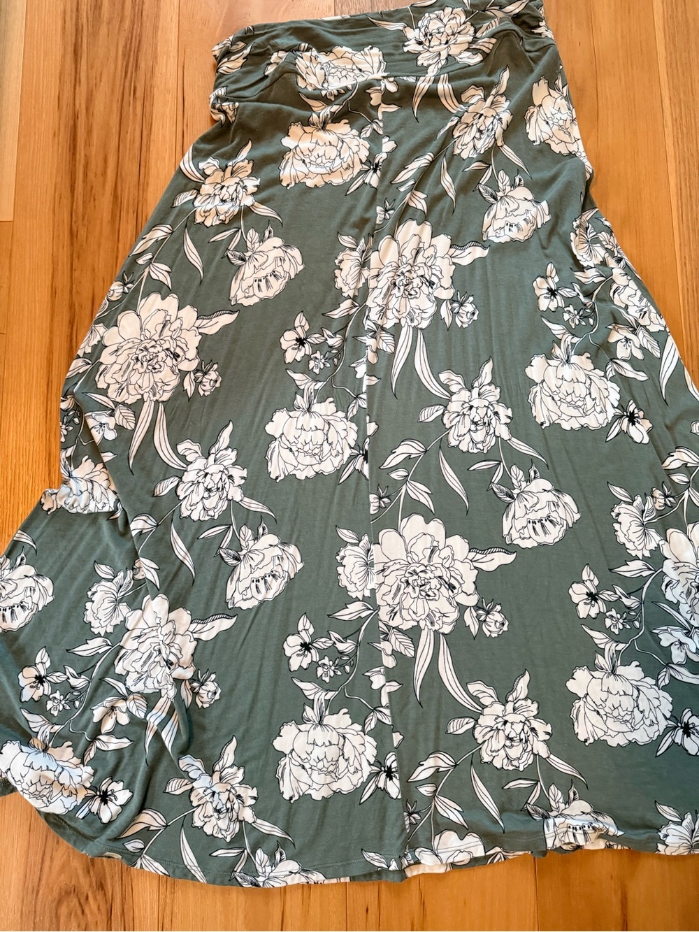 Green Floral Maxi Skirt with White Blooms